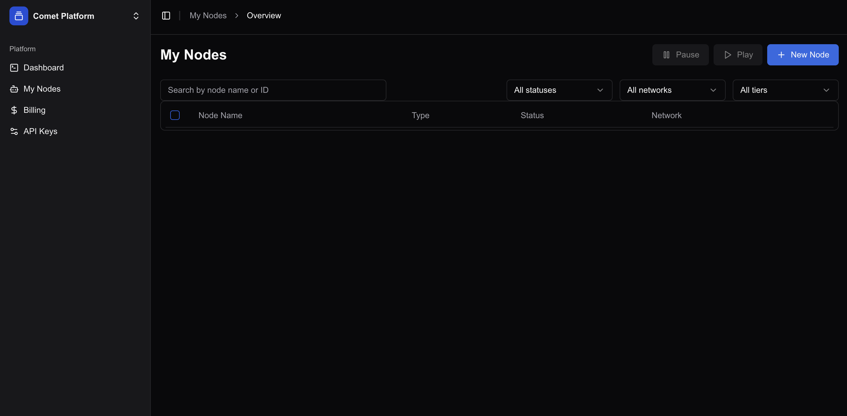 Comet Cash My Nodes page Comet Cash My Nodes page