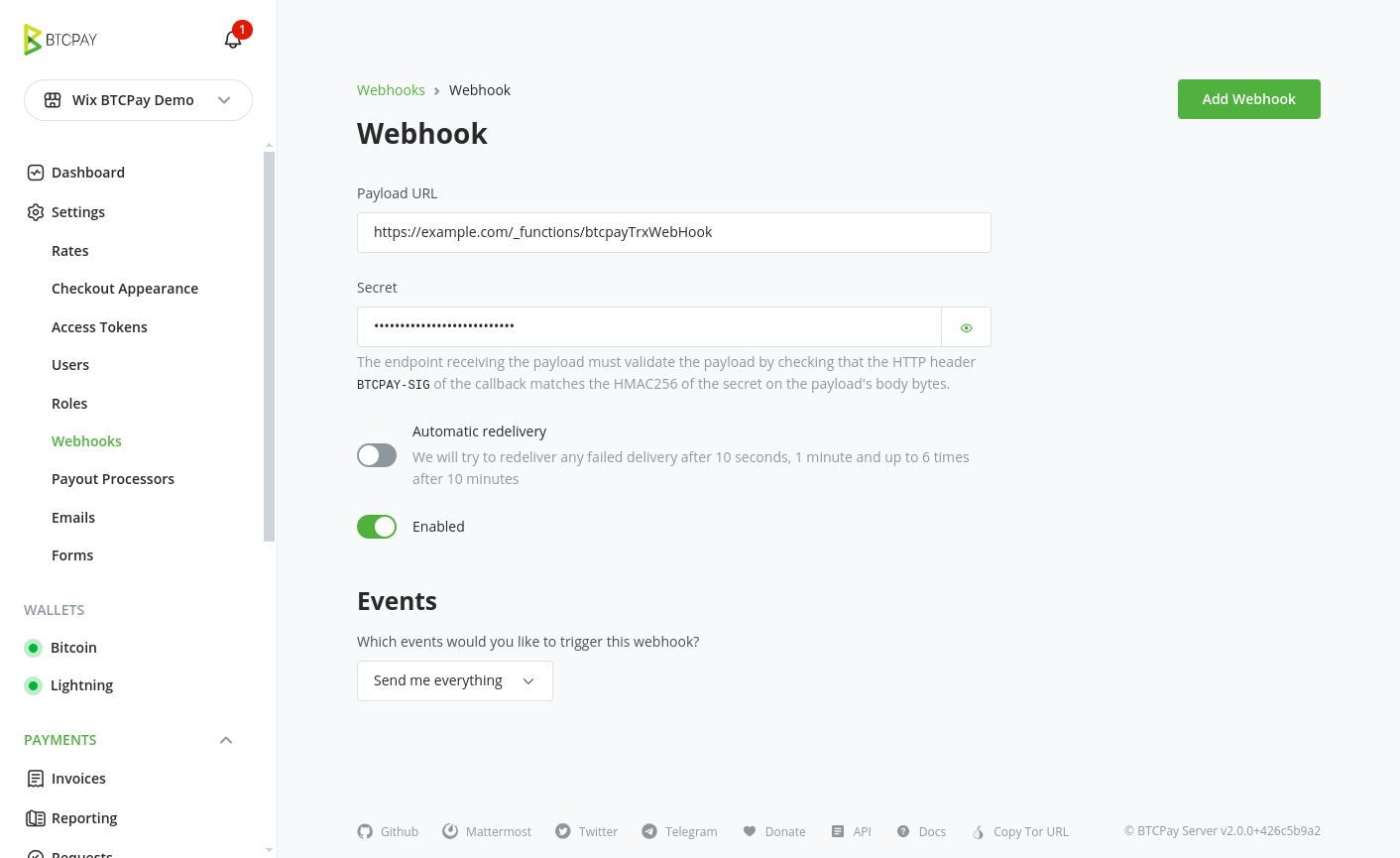 Create webhook page Create webhook page
