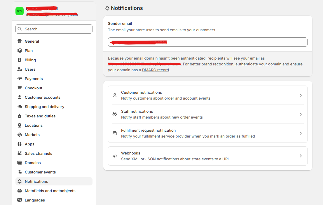 Shopify app - Notification settings