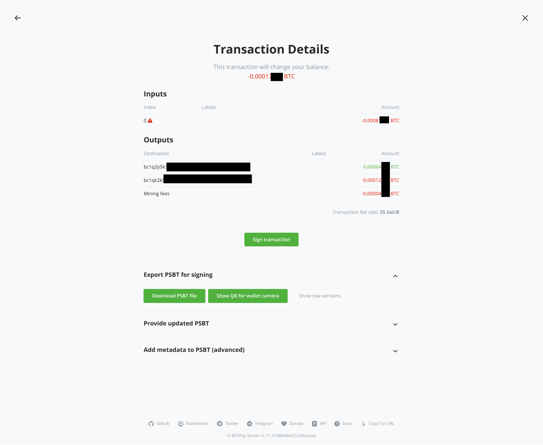 PSBT screen overview, download PSBT BTCPay: Download the PSBT file