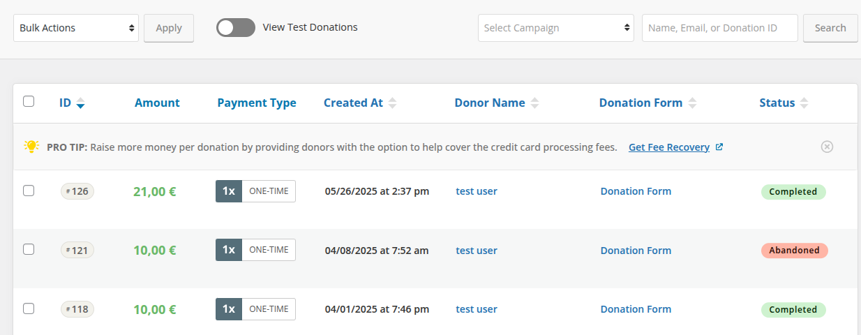 BTCPay for GiveWP: Test Donation