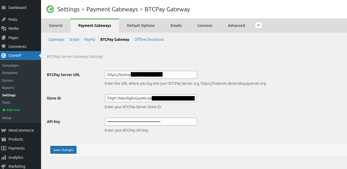 BTCPay for GiveWP: Copy API Key
