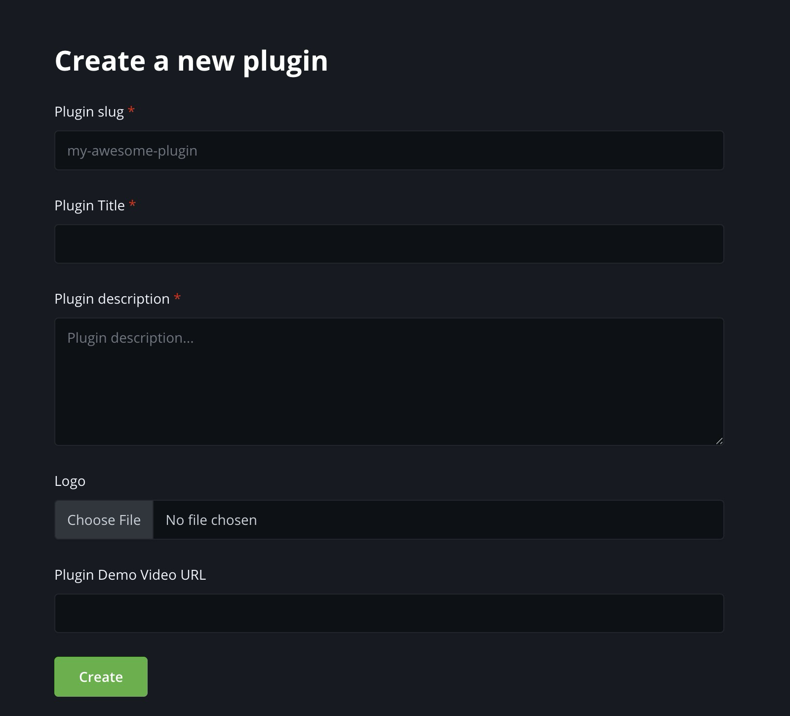 Create a new plugin form in the Plugin Builder