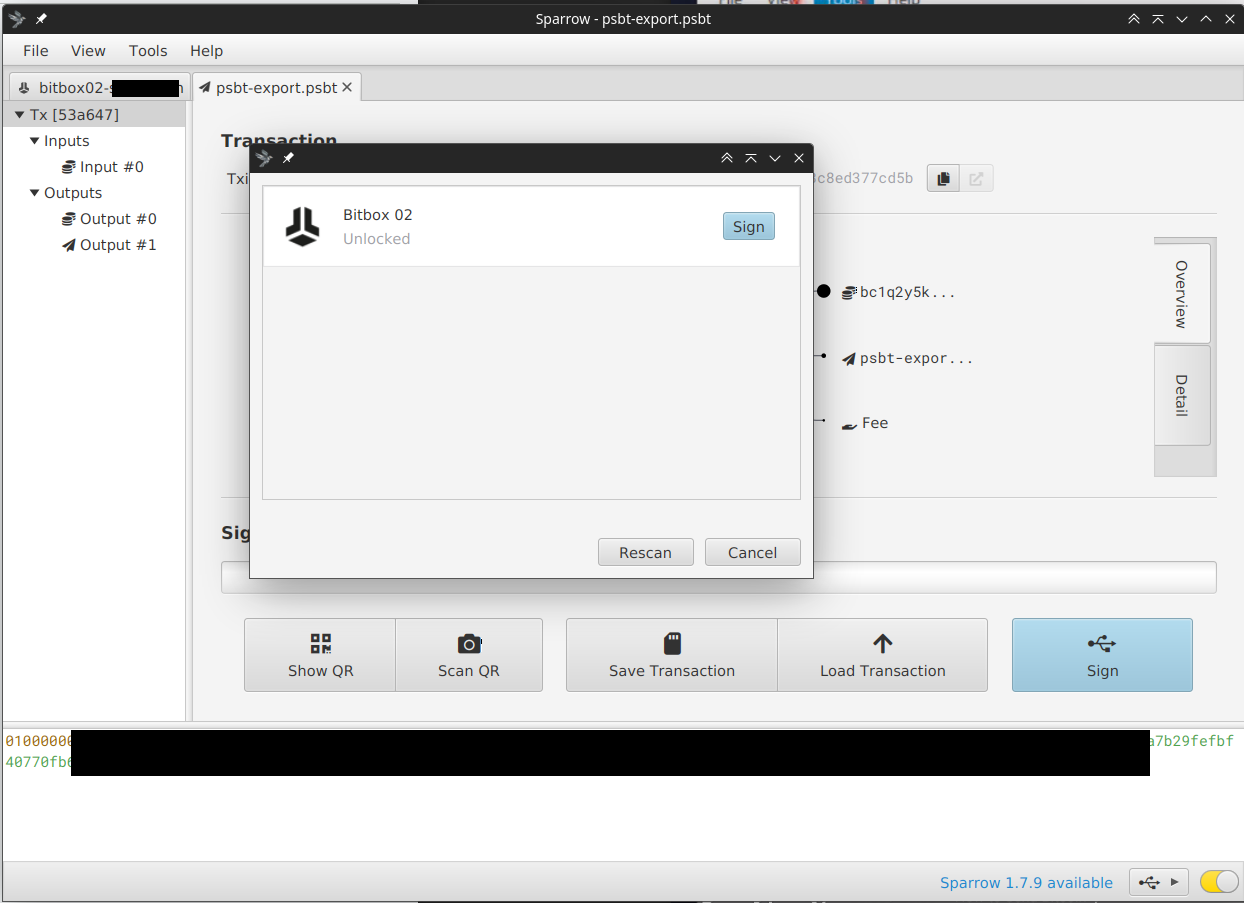 BitBox02 successfully connected Sparrow wallet: hardware wallet successfully connected
